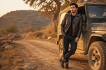 The Allaric Alley — men's distressed brown leather biker jacket, full-length styled view | Kordovan Pakistan