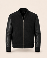 The Apex — men's black suede hybrid bomber jacket, front view | Kordovan Pakistan