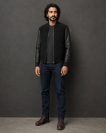 The Apex — men's black suede hybrid bomber jacket, side view | Kordovan Pakistan