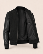 The Apex — men's black suede hybrid bomber jacket, open front showing the lining | Kordovan Pakistan