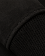 The Apex — men's black suede hybrid bomber jacket, close-up of the suede and hardware | Kordovan Pakistan
