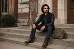 The Apex — men's black suede hybrid bomber jacket, full-length styled view | Kordovan Pakistan