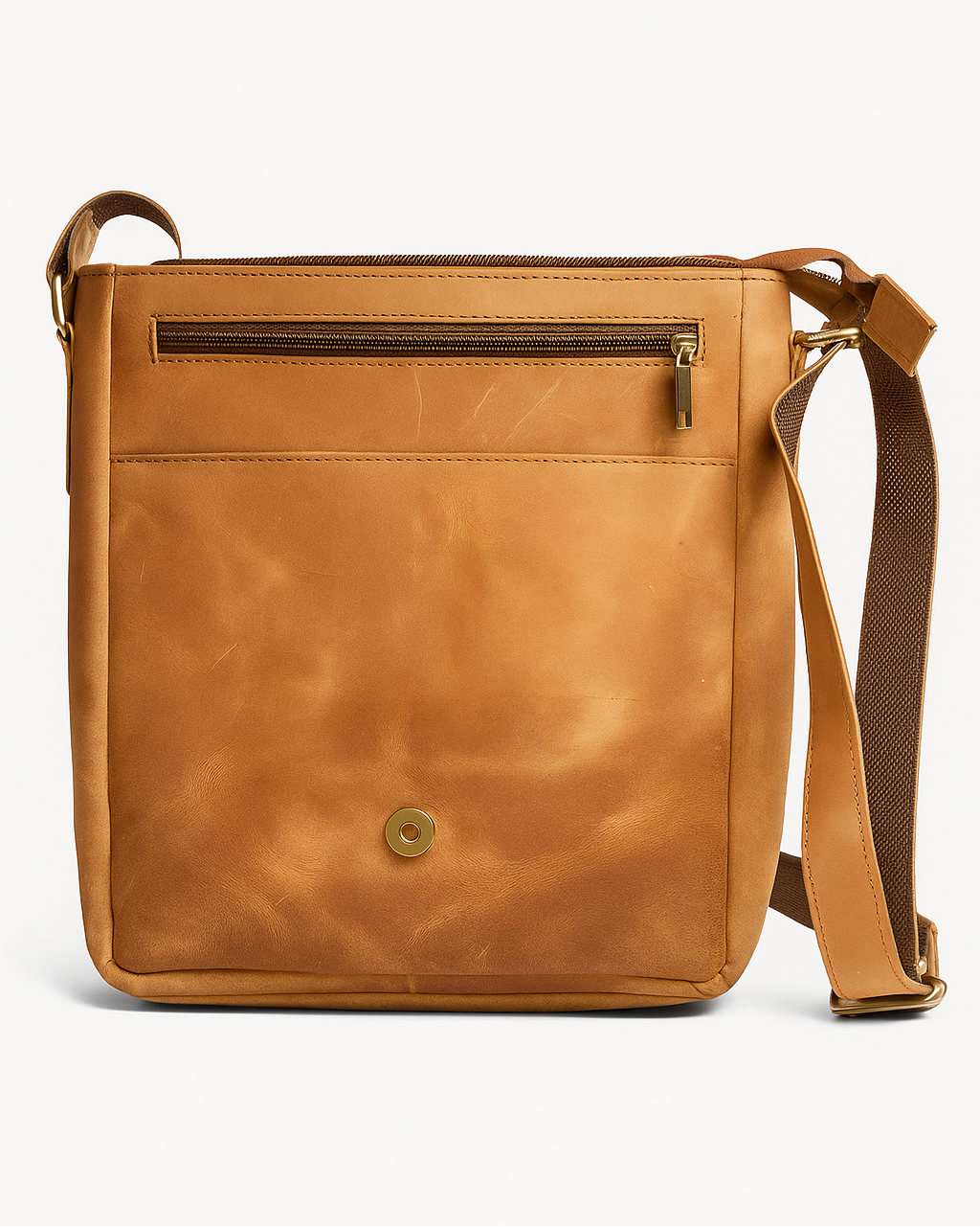 Brown leather crossbody bag on a white background