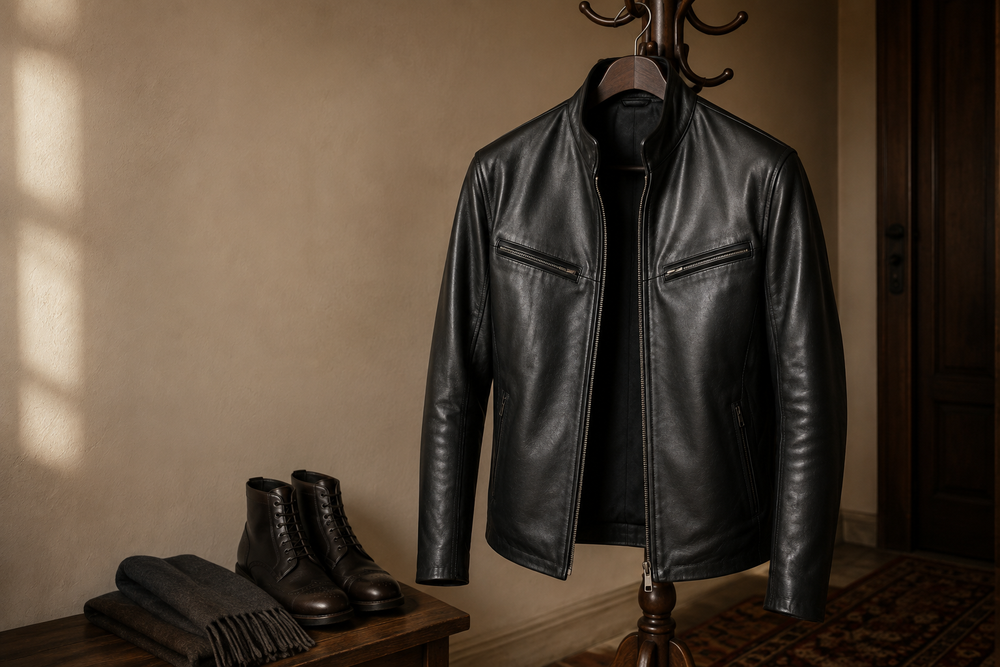 The Iconic — men's black sheepskin leather jacket, full-length styled view | Kordovan Pakistan