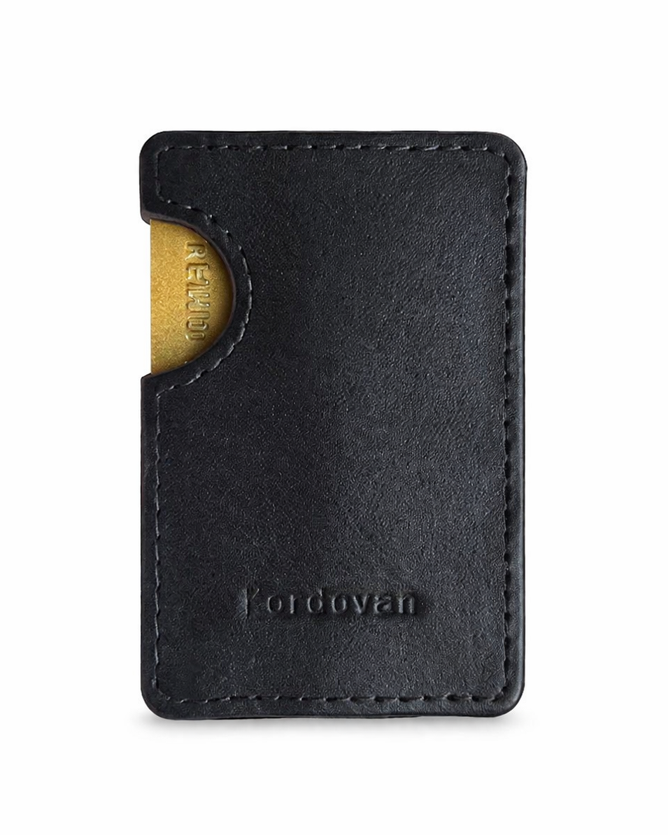 Black leather wallet with a gold coin on a white background