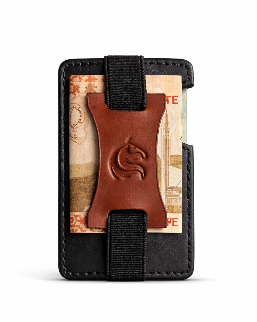 Black wallet with a leather patch featuring a logo on a white background