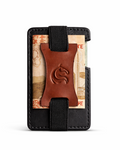 Black wallet with a leather patch featuring a logo on a white background