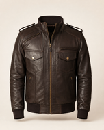 The Spy — men's brown leather bomber jacket, front view | Kordovan Pakistan