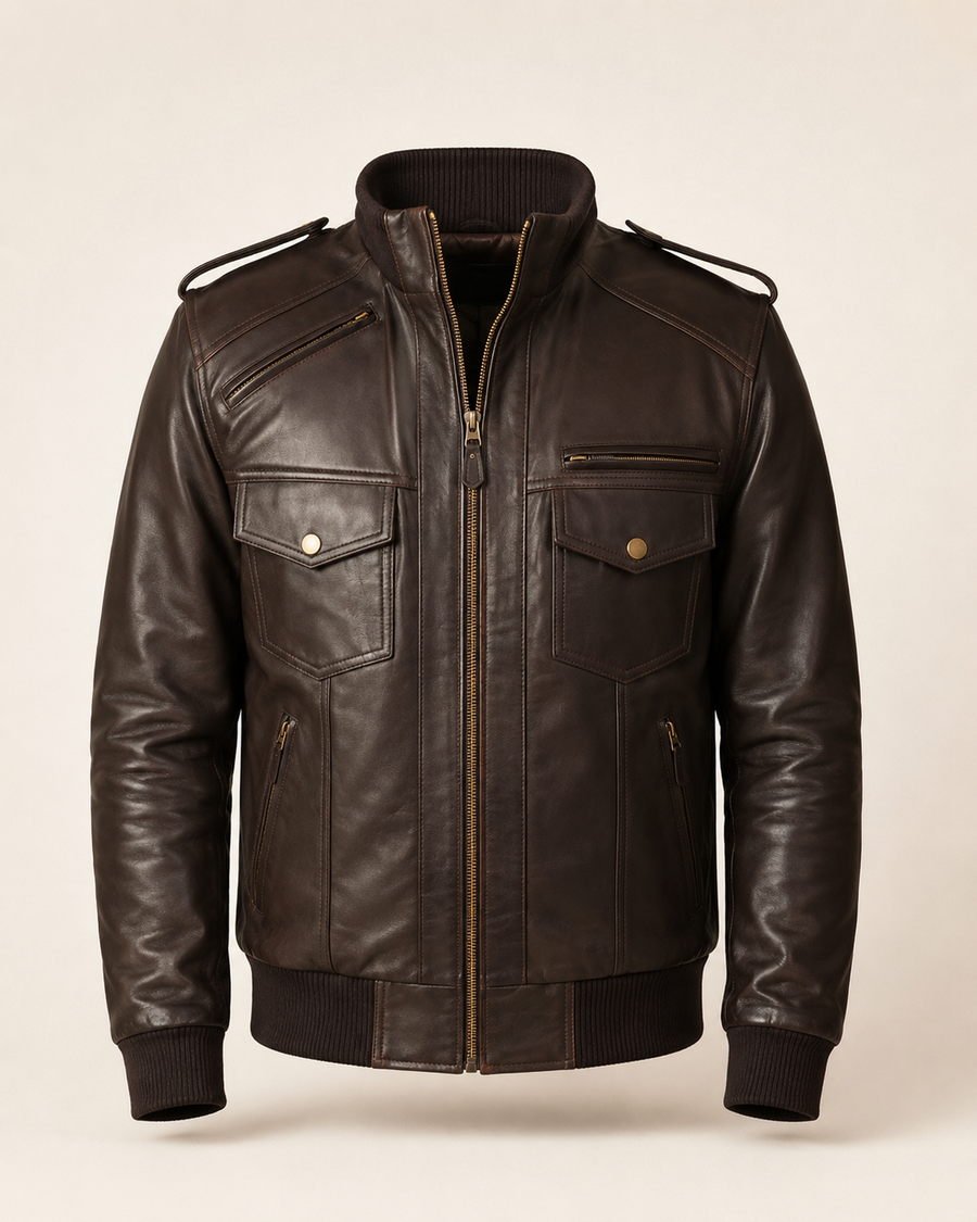 The Spy — men's brown leather bomber jacket, front view | Kordovan Pakistan