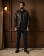 The Spy — men's brown leather bomber jacket, side view | Kordovan Pakistan
