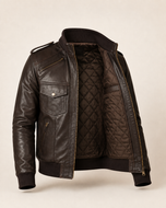 The Spy — men's brown leather bomber jacket, open front showing the lining | Kordovan Pakistan