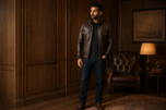 The Spy — men's brown leather bomber jacket, full-length styled view | Kordovan Pakistan