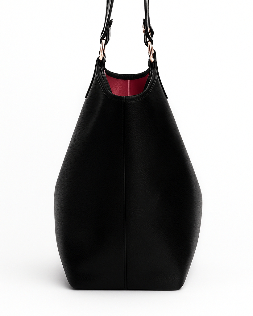 Black handbag with a red interior on a white background