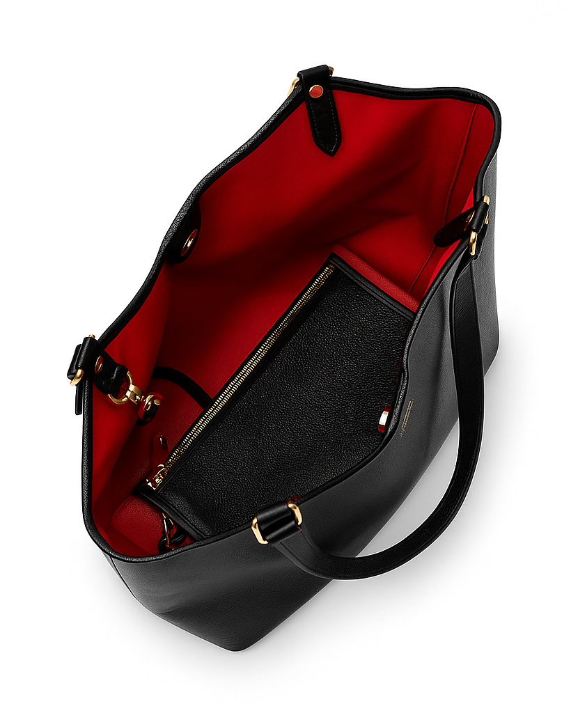 Black handbag with red interior on a white background