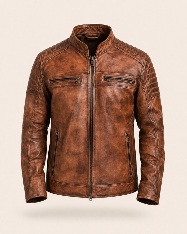 The Waxed Rider — men's brown waxed sheepskin cafe racer leather jacket, front view | Kordovan Pakistan