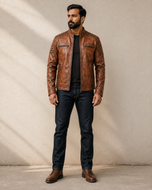 The Waxed Rider — men's brown waxed sheepskin cafe racer leather jacket, side view | Kordovan Pakistan
