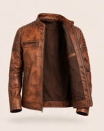 The Waxed Rider — men's brown waxed sheepskin cafe racer leather jacket, open front showing the lining | Kordovan Pakistan