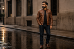 The Waxed Rider — men's brown waxed sheepskin cafe racer leather jacket, full-length styled view | Kordovan Pakistan
