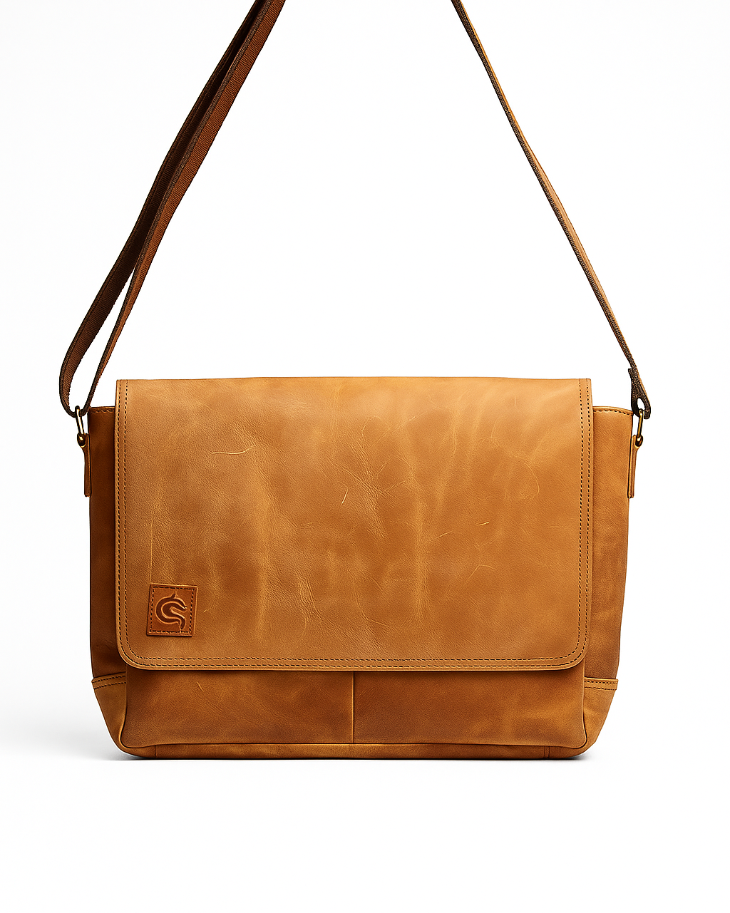 Brown leather messenger bag on a white background