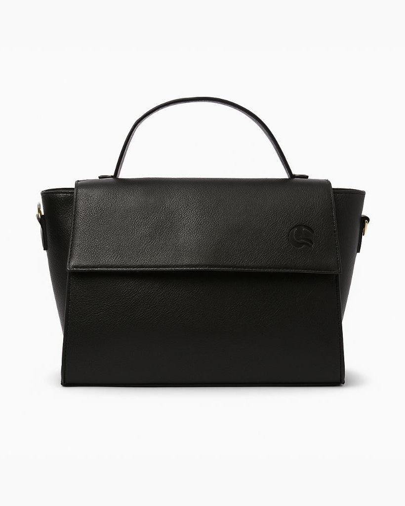 Black handbag on a white background