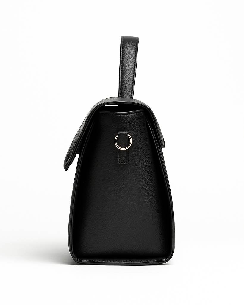 Black handbag with a strap on a white background