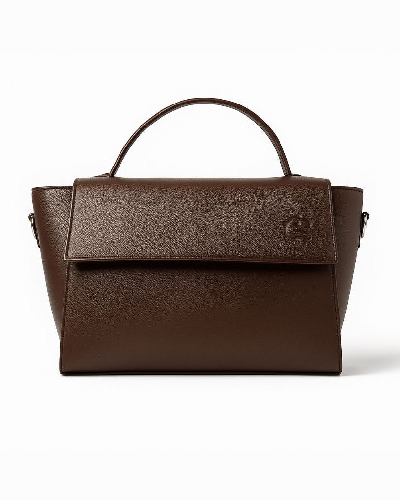 Brown leather handbag on a white background
