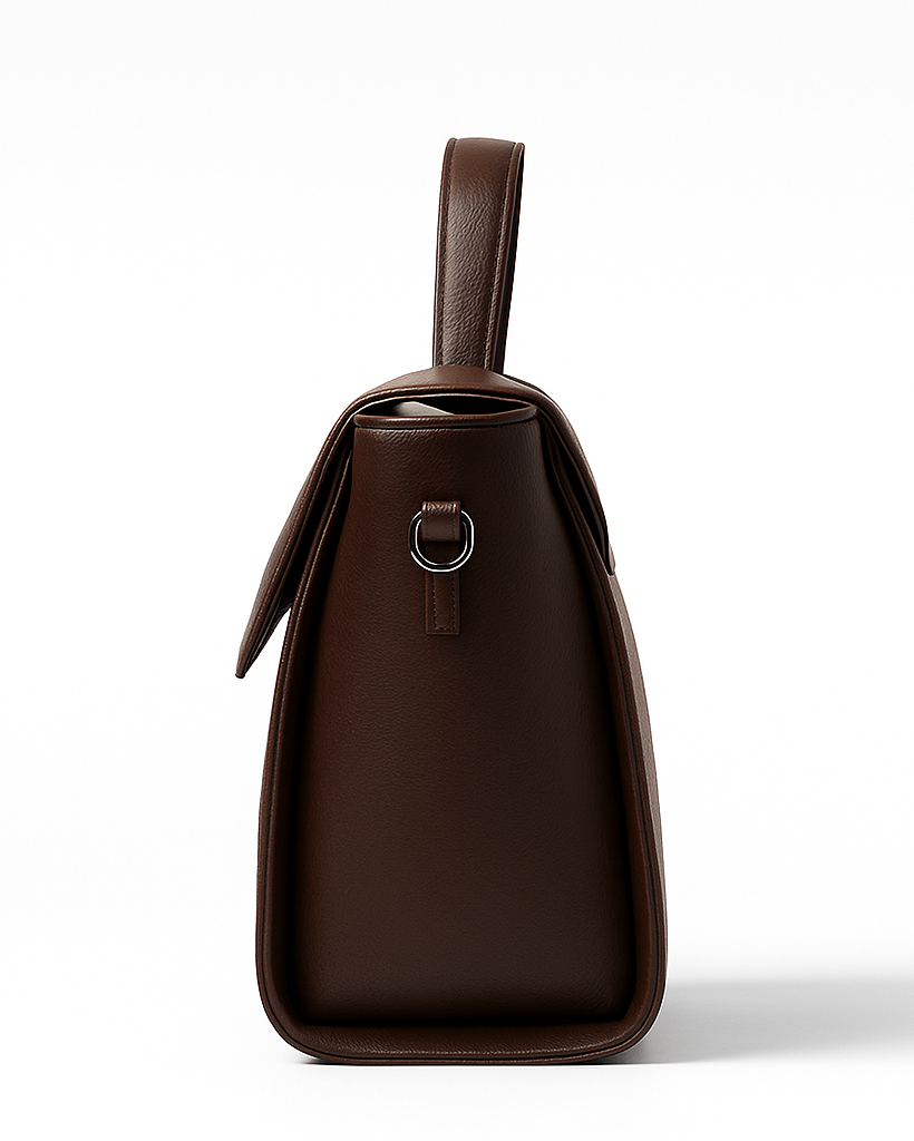 Brown leather bag with a strap on a white background