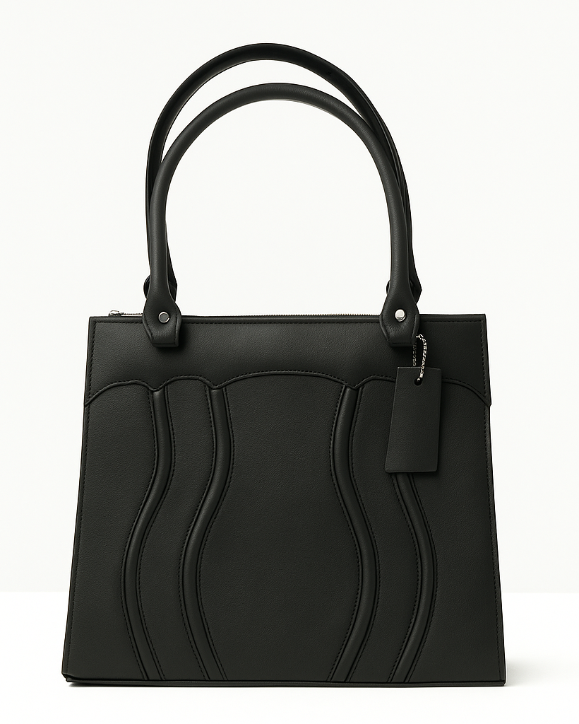 Black handbag with a unique design on a white background