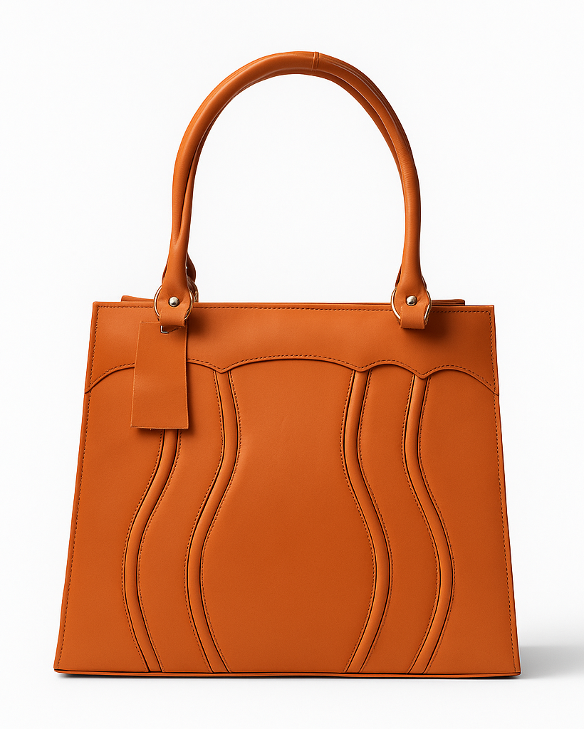 Brown leather handbag with a subtle pattern on a white background