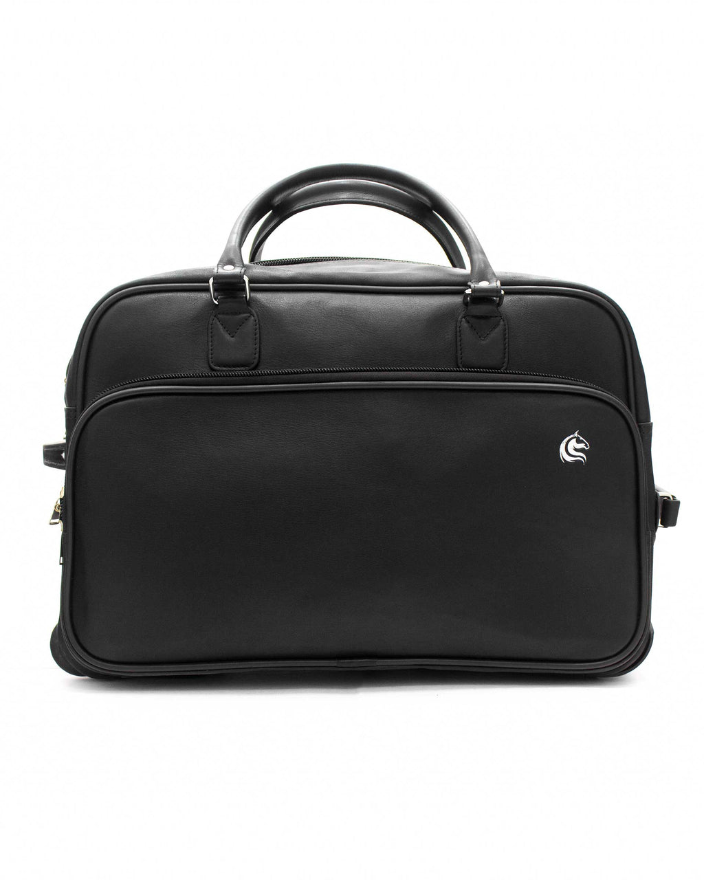Black leather duffel bag with a retractable handle, top carry handle, and a front pocket with organizer slots. It appears to be sturdy and designed for travel or professional use.