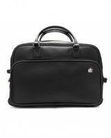 Black leather duffel bag with a retractable handle, top carry handle, and a front pocket with organizer slots. It appears to be sturdy and designed for travel or professional use.
