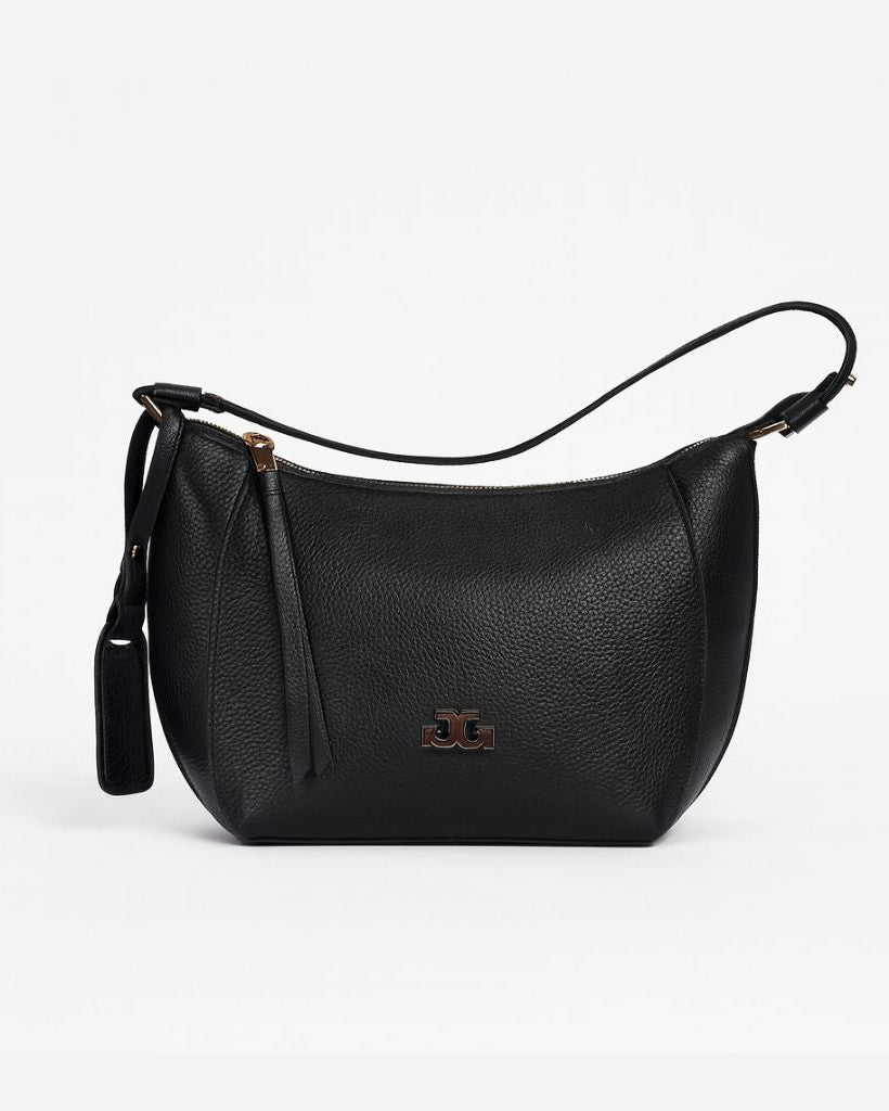 Black leather handbag with a visible brand logo on a light gray background