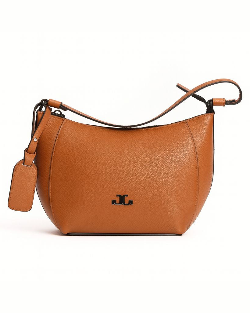Brown leather handbag with a visible brand logo on a white background