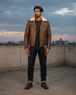 Urban Rider — men's brown fur collar leather biker jacket, side view | Kordovan Pakistan