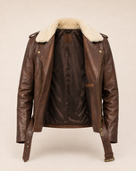 Urban Rider — men's brown fur collar leather biker jacket, open front showing the lining | Kordovan Pakistan