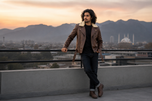 Urban Rider — men's brown fur collar leather biker jacket, full-length styled view | Kordovan Pakistan