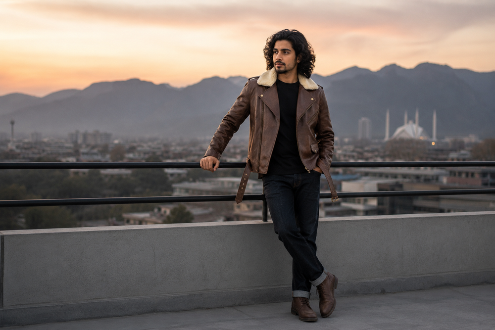 Urban Rider — men's brown fur collar leather biker jacket, full-length styled view | Kordovan Pakistan