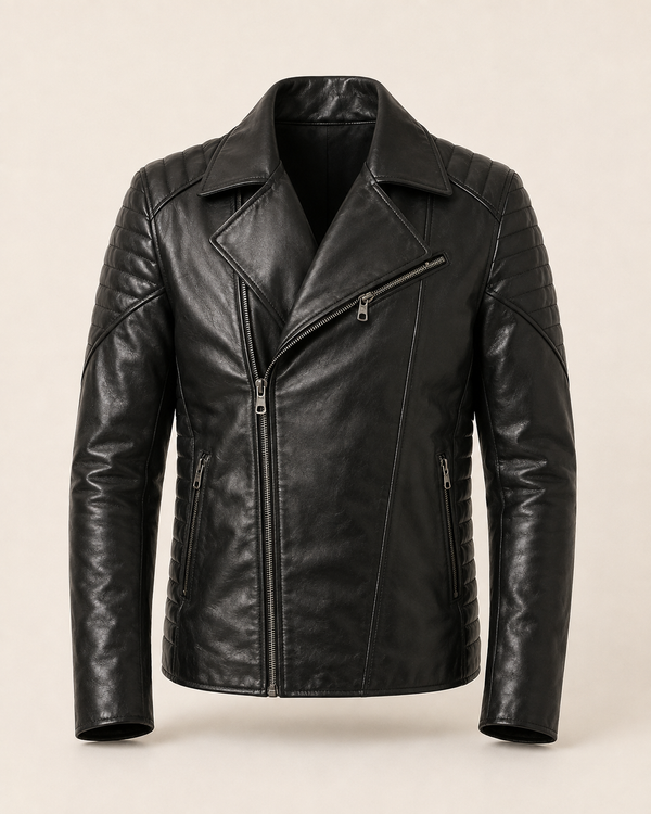 Vanguard — men's black leather biker jacket, front view | Kordovan Pakistan