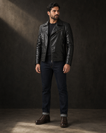 Vanguard — men's black leather biker jacket, side view | Kordovan Pakistan