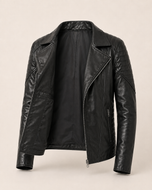 Vanguard — men's black leather biker jacket, open front showing the lining | Kordovan Pakistan