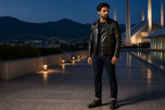 Vanguard — men's black leather biker jacket, full-length styled view | Kordovan Pakistan