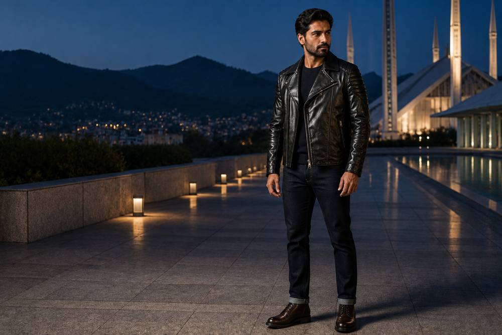 Vanguard — men's black leather biker jacket, full-length styled view | Kordovan Pakistan