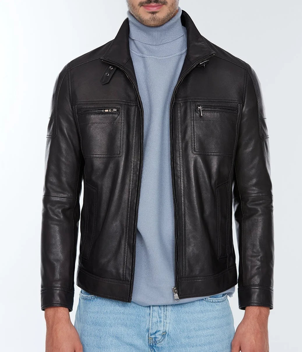 Long black leather jacket mens clearance