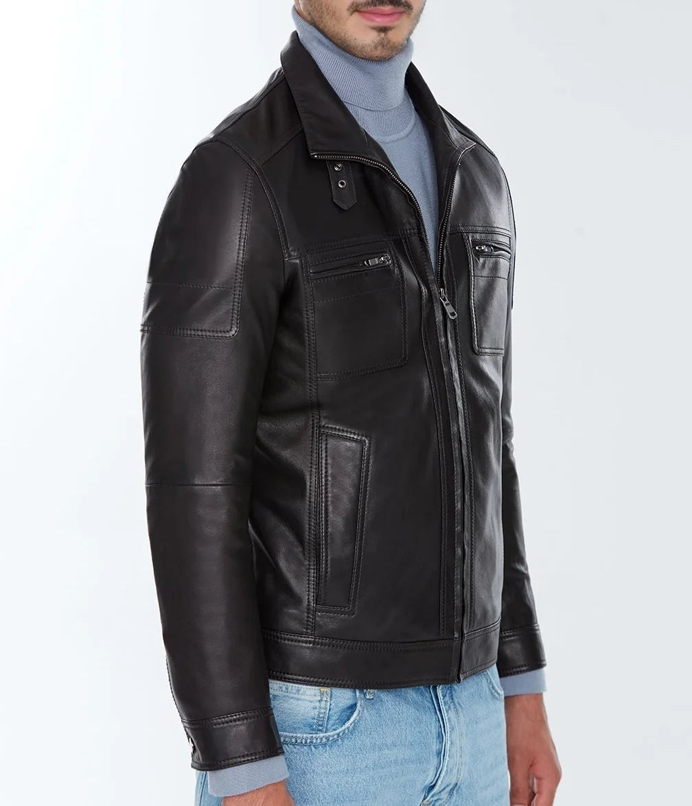 Wayne | Men's Sheepskin Black Leather Jacket