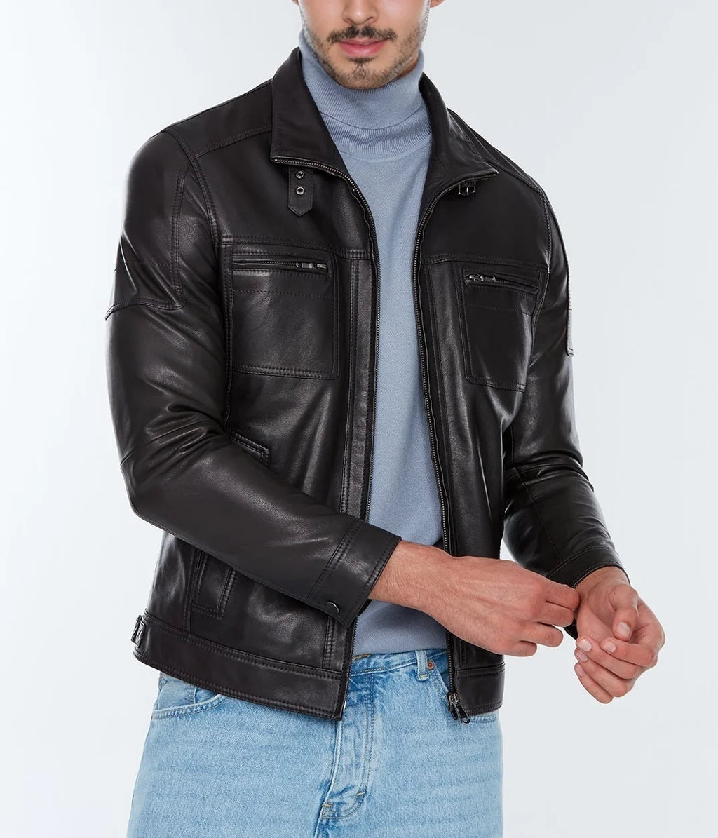 Wayne | Men's Sheepskin Black Leather Jacket
