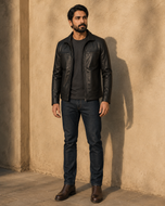 Wayne — men's black sheepskin leather jacket, side view | Kordovan Pakistan