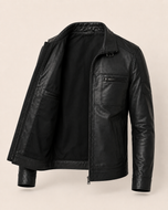 Wayne — men's black sheepskin leather jacket, open front showing the lining | Kordovan Pakistan