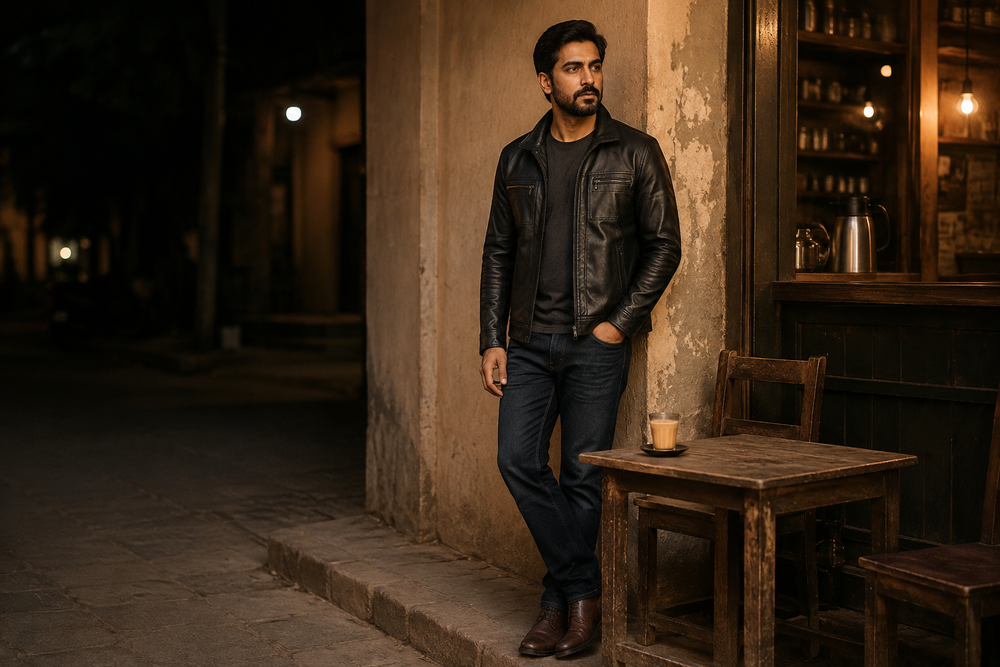 Wayne — men's black sheepskin leather jacket, full-length styled view | Kordovan Pakistan