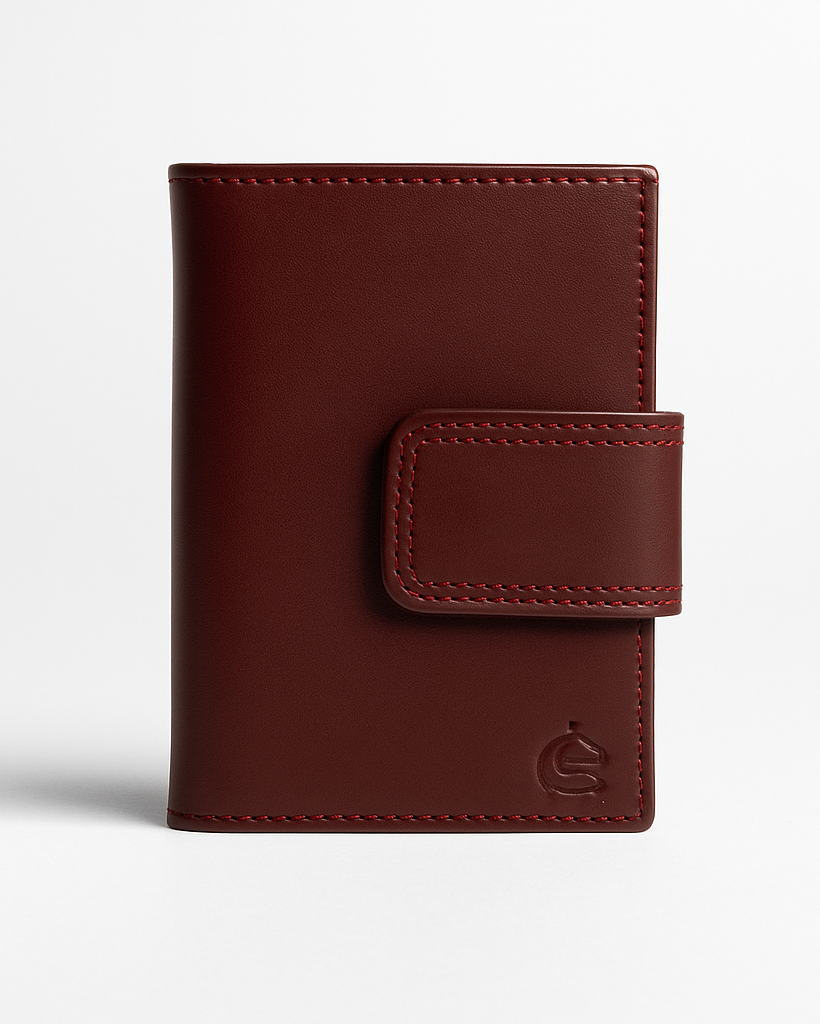 Burgundy leather wallet on a white background