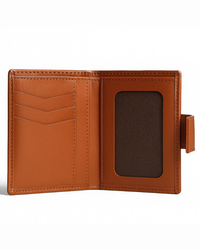 Brown leather wallet open on a white background
